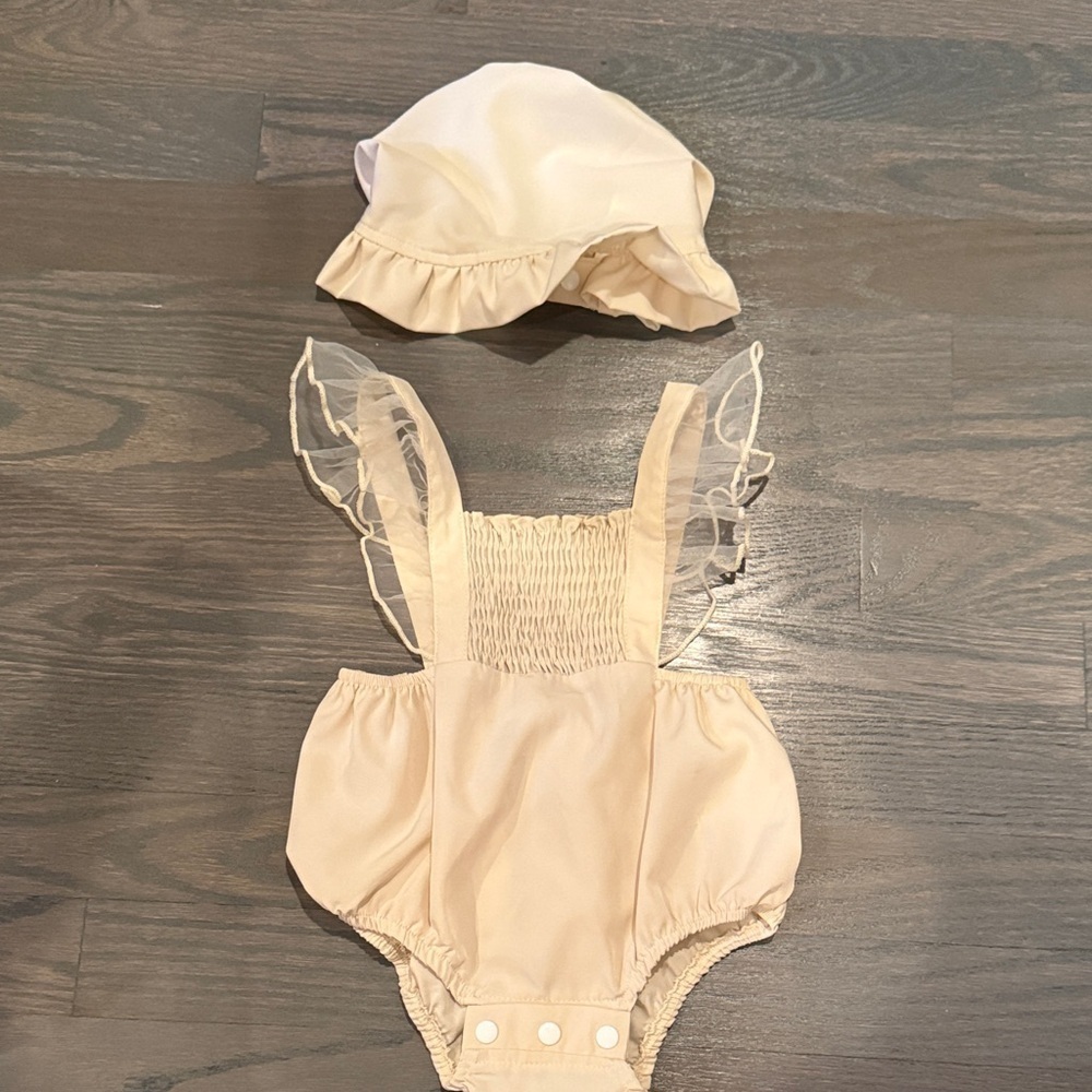 Cream Baby Ruffle Outfit with Bonnet